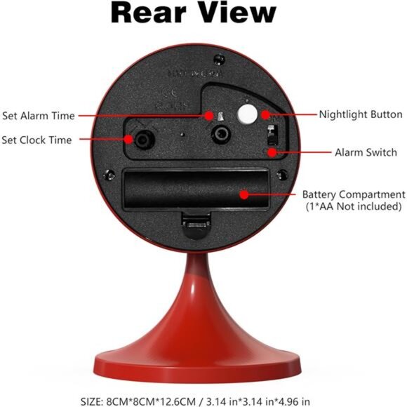 Cute Red Analog Alarm Clock – Small Retro Battery-Powered Table Clock - Picture 7 of 8